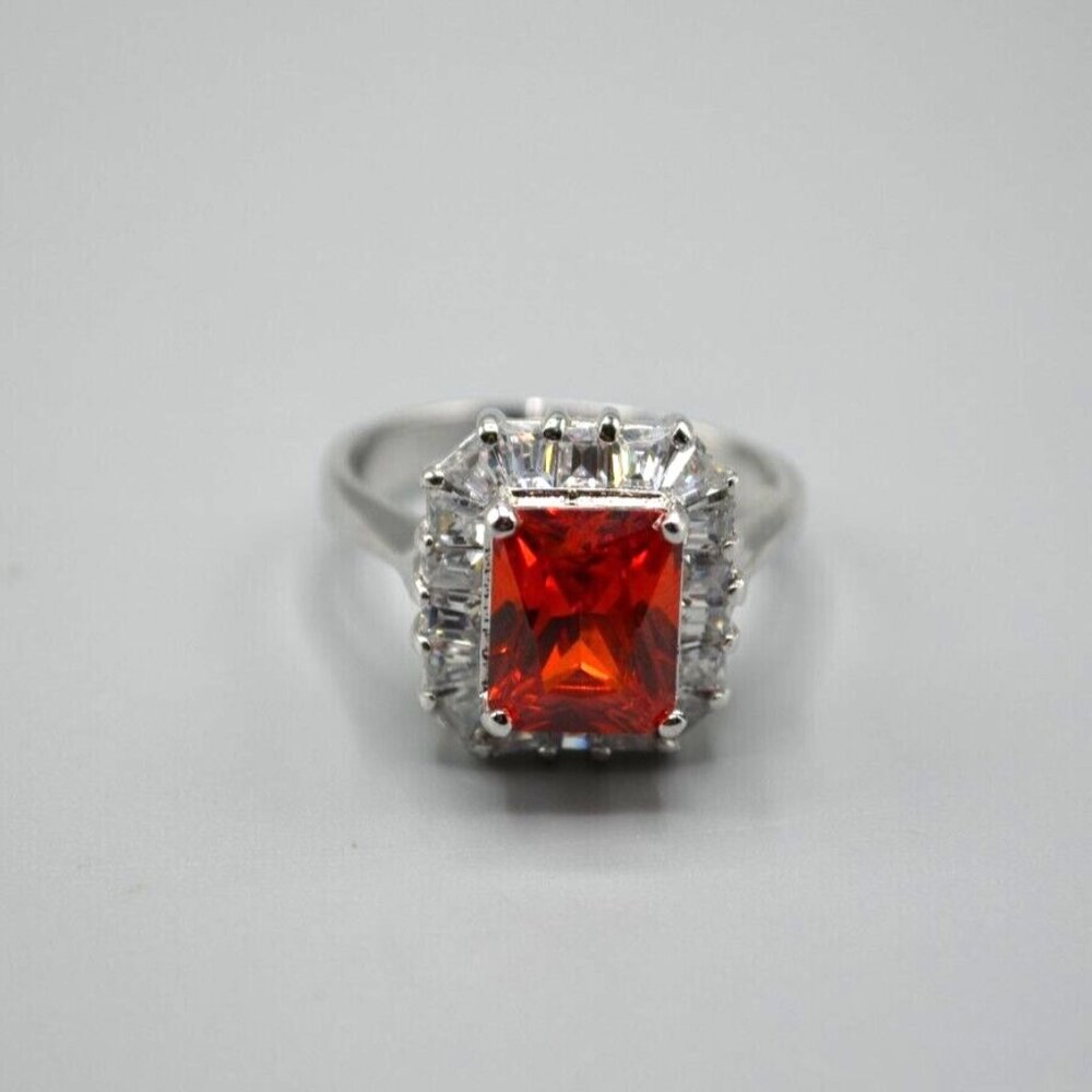 Sterling Silver Ring with Rectangular Red Center Stone and Clear Halo